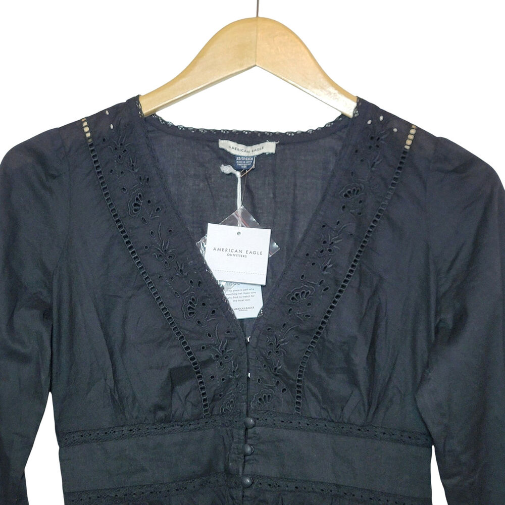 American Eagle NWT Eyelet Embroidered Cotton Peplum Blouse Black XS V Neck - Picture 2 of 11